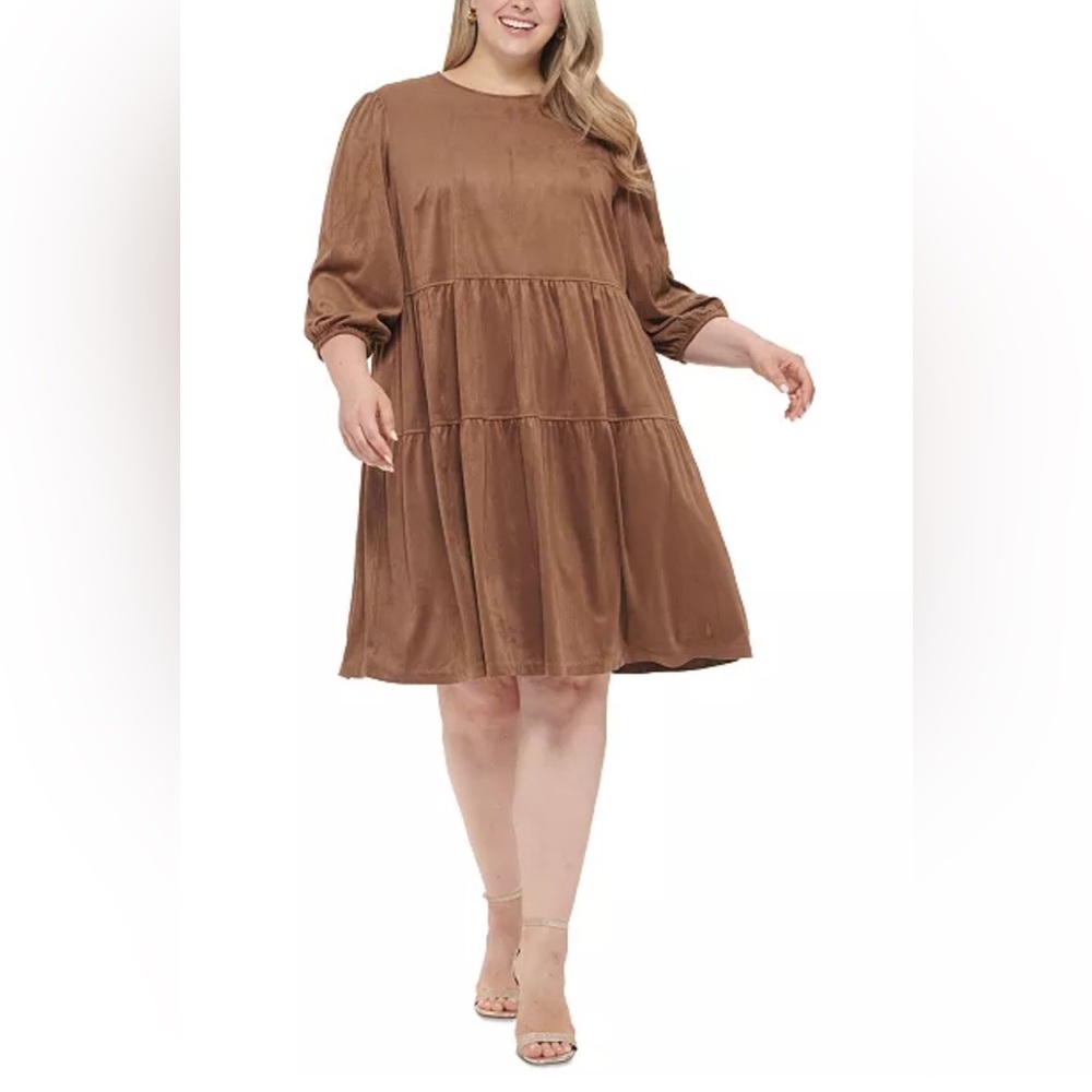 NWT Tommy Hilfiger Plus Size Crewneck Long-Sleeve Brown Tiered Shift Dress 20W